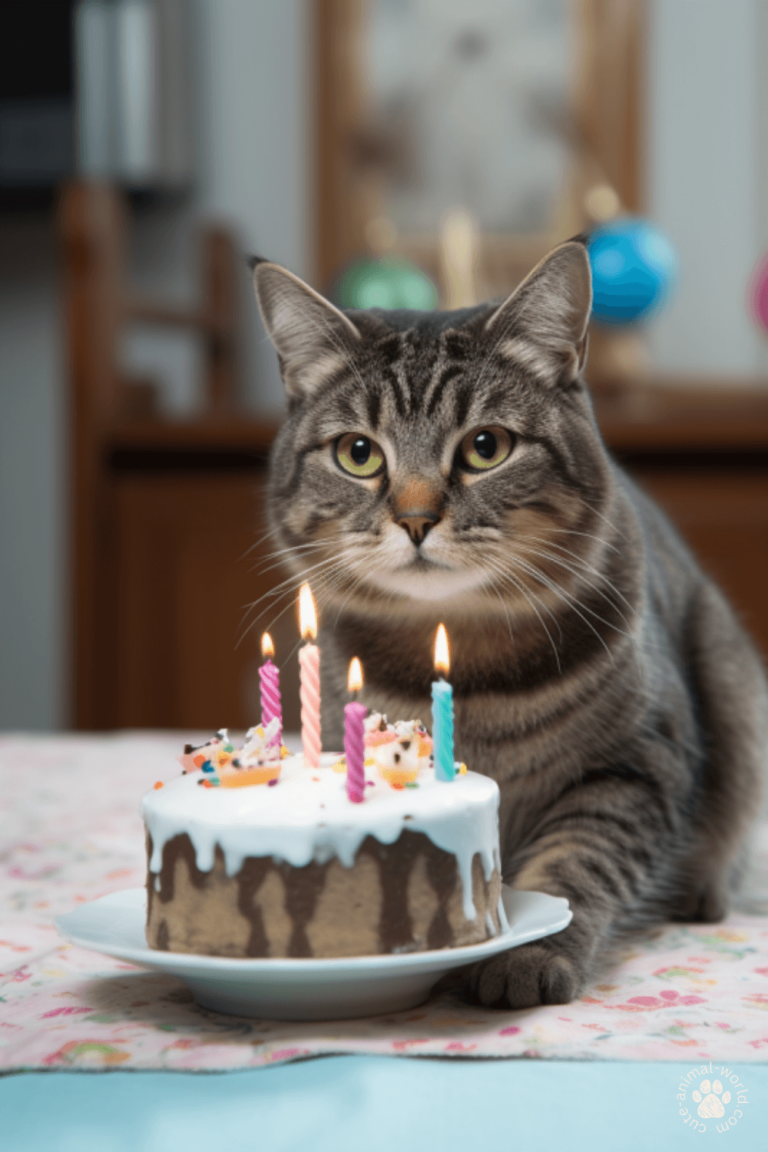 Cats in front of a birthday cake